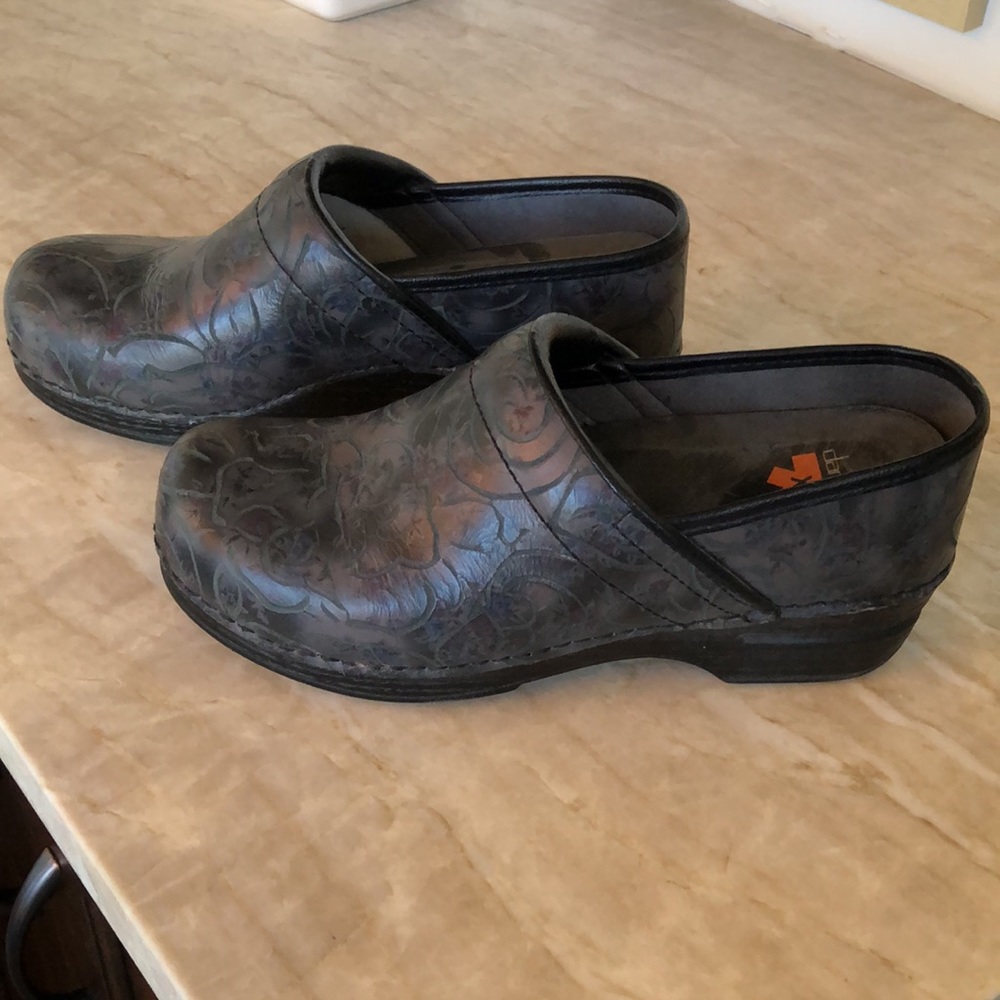 Dansko clogs! Gently worn. Beautiful iridescent floral pattern that is subtle.39